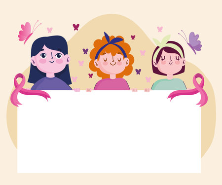 Breast cancer cartoon women holds banner with ribbon and butterflies vector illustrationのイラスト素材