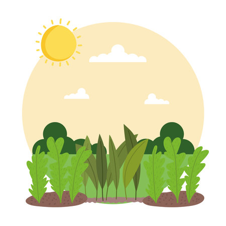 Gardening planting of plants in soil sunny day cartoon vector illustrationのイラスト素材