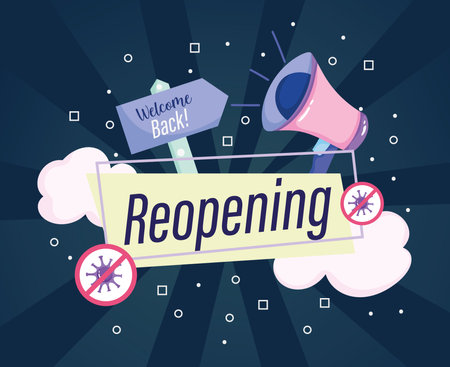 Reopening megaphone marketing announce welcome back banner vector illustrationのイラスト素材