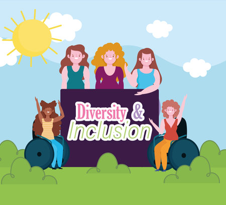 diverse group women young female and disability girl, inclusion vector illustrationのイラスト素材