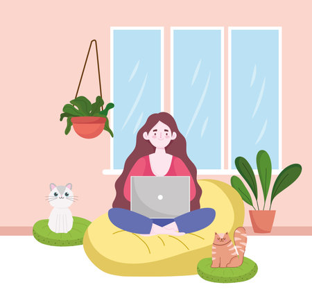 woman using laptop working, home office with cats and plants home office vector illustrationのイラスト素材