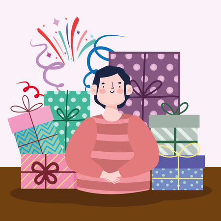 young man with many gifts celebration confetti cartoon vector illustrationのイラスト素材