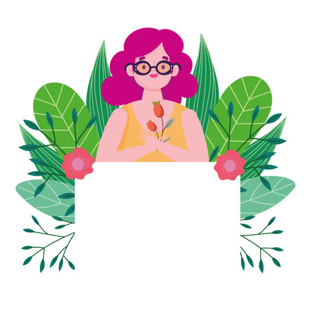 girl with flowers ribbon and banner cartoon character self love vector illustrationのイラスト素材