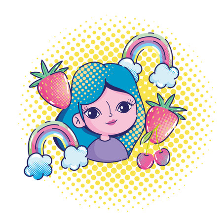 pop art cute girl blue hair rainbow strawberries and cherry cartoon vector illustrationのイラスト素材