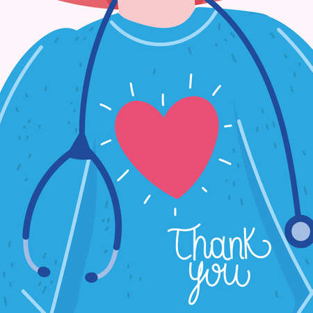 thank you, protective suit stethoscope with heart vector illustration