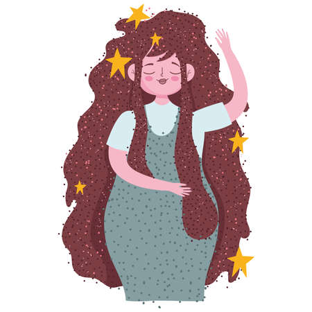 young beautiful woman with stars brown hair cartoon vector illustrationのイラスト素材