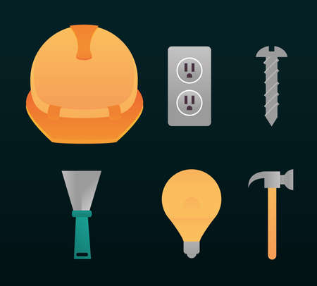 home repair construction renovation tools and equipment icons helmet screw hammer bulb and spatula vector illustrationのイラスト素材
