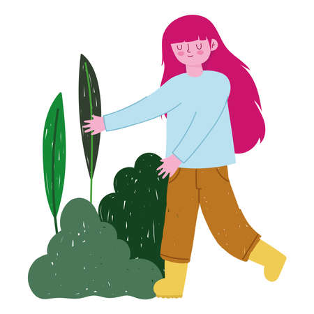 cute girl walking in the park cartoon vector illustrationのイラスト素材