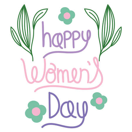 happy womens day handwritten text and flowers celebration cartoon vector illustrationのイラスト素材