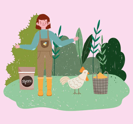 gardener boy with hen grains organic field plants nature vector illustrationのイラスト素材