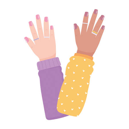 diverse raised hands female cartoon, girl power vector illustrationのイラスト素材