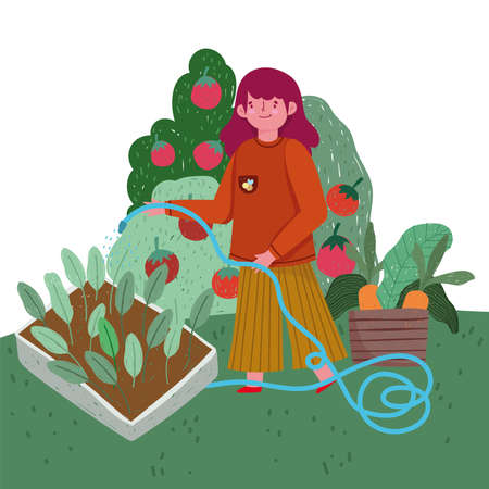 gardening girl spraying water plants vegetables fresh vector illustrationのイラスト素材