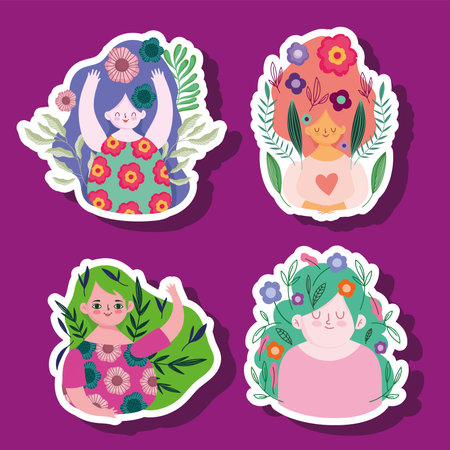 womens day, women with flowers in hair cartoon stickers set vector illustrationのイラスト素材