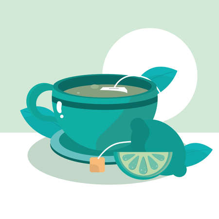 tea teacup lemon herbs fresh healthy meal vector illustrationのイラスト素材