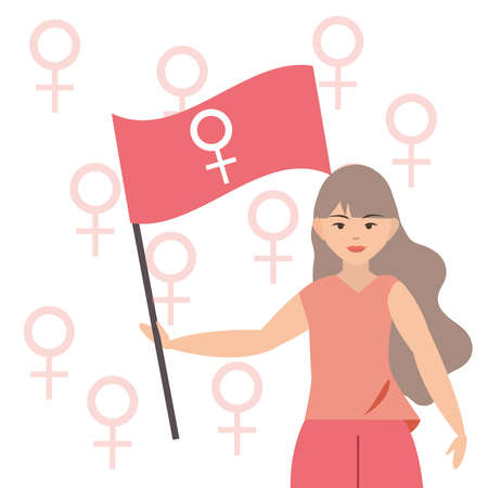 Womens day, woman holds flag with gender female symbol vector illustrationのイラスト素材