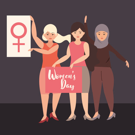 womens day, group female different culture holding placard with messages vector illustrationのイラスト素材
