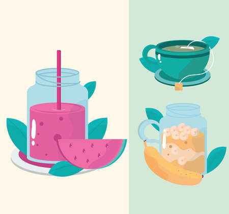 healthy meals tea juice fruits banana and watermelon vector illustrationのイラスト素材