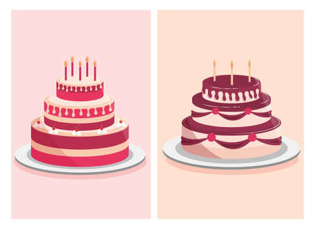 birthday cakes sweet cream and decorative candles vector illustrationのイラスト素材