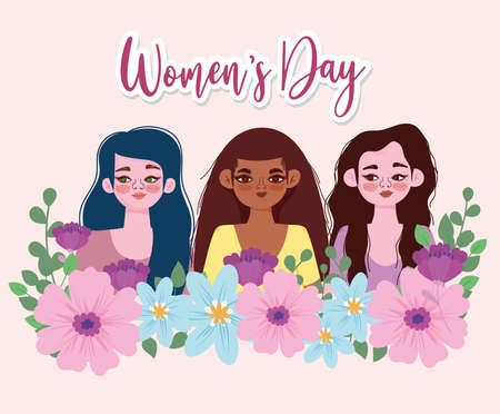 Womens Day girls with flowers nature decoration card vector illustration