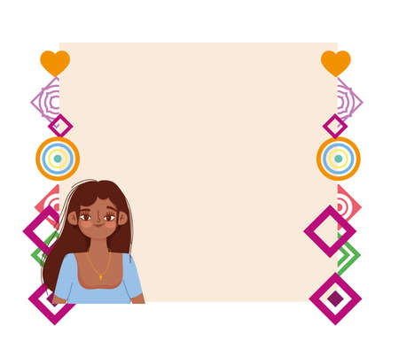 cute young woman cartoon abstract geometric shapes label vector illustrationのイラスト素材