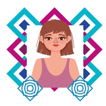 beautiful woman cartoon portrait abstract shapes background vector illustrationのイラスト素材