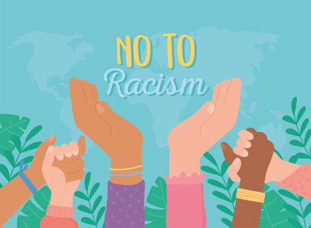 black lives, diverse hands raised no to racism vector illustrationのイラスト素材