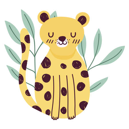 leopard jungle animal wildlife cartoon hand drawn style vector illustrationのイラスト素材