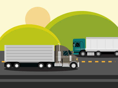 trucks moving on asphalt road the green fields in rural landscape vector illustrationのイラスト素材