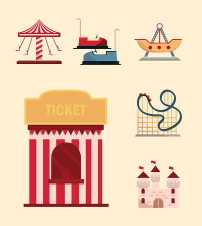 amusement park carnival tickets booth bumper cars castle carousel and roller coaster vector illustrationのイラスト素材
