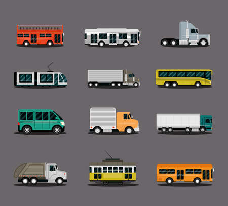 various types of vehicles, car, truck, van, bus, truck and trailer, side view vector illustrationのイラスト素材