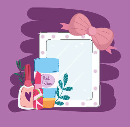beauty makeup mirror body lotion mascara and lipstick vector illustrationのイラスト素材