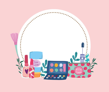 beauty makeup eyeshadow palette cream mascara and nail polish floral badge vector illustrationのイラスト素材