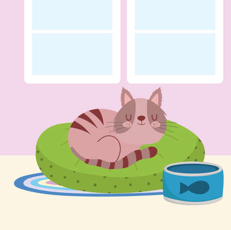 cute cat resting in cushion with canned fish vector illustrationのイラスト素材