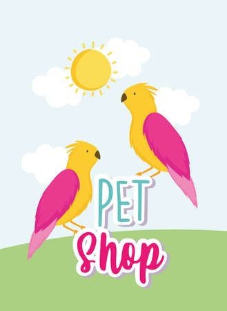 parrots birds cartoon animals lettering pet shop vector illustrationのイラスト素材