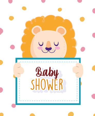Baby shower lion animal holding banner and dots background vector illustrationのイラスト素材