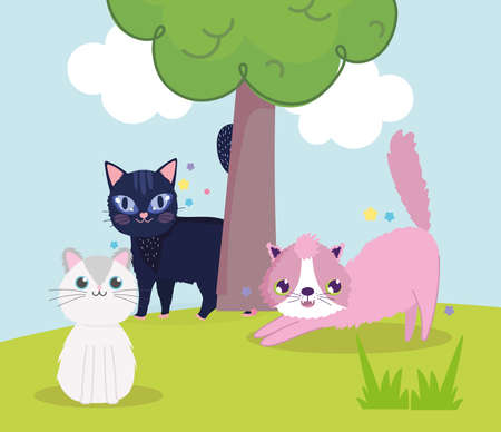 cute cats in the meadow with tree cartoon vector illustrationのイラスト素材