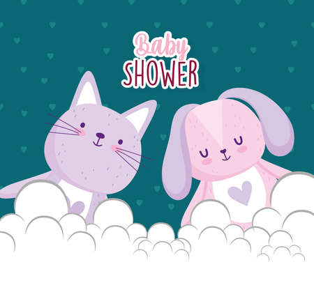 Baby shower, cute rabbit and cat cartoon animals card vector illustrationのイラスト素材