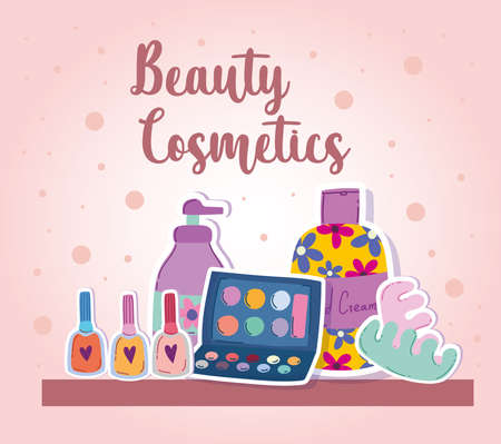 beauty makeup hand cream nail polish eyeshadow palette cartoon vector illustrationのイラスト素材