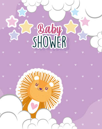 Baby shower, invitation card lion animals stars clouds celebration vector illustrationのイラスト素材