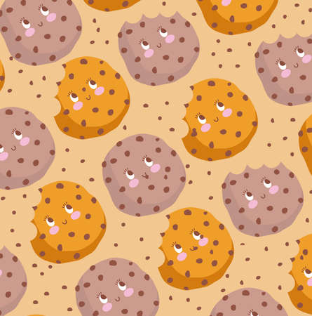 food pattern funny happy cartoon cookie bitten vector illustrationのイラスト素材