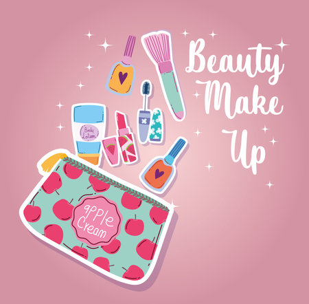 beauty makeup kit mascara, nail polish, lipstick, brush and body lotion vector illustrationのイラスト素材