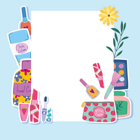 beauty makeup brush mascara lipstick lotion and body cream banner vector illustrationのイラスト素材