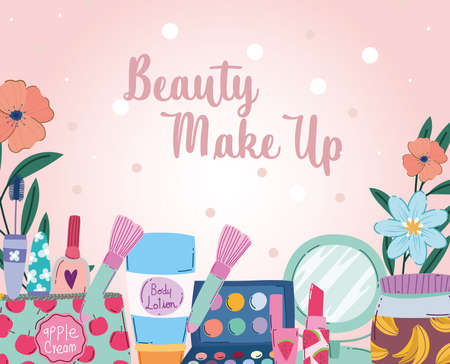 beauty makeup brushes, powder palettes, lipstick, eye pencil, nail polish vector illustrationのイラスト素材