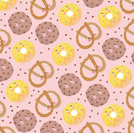 food pattern biscuit pretzel and donuts funny happy cartoon vector illustrationのイラスト素材