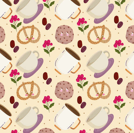 food pattern happy cartoon cute pretzel coffee cup cookies vector illustrationのイラスト素材