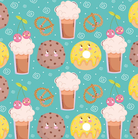 food pattern funny cartoon cute cookie smoothie donut and pretzel vector illustrationのイラスト素材