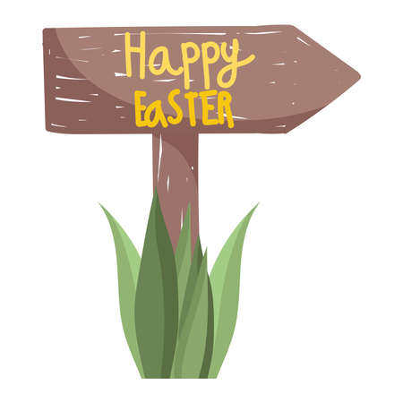 happy easter arrow sign board and leaves vector illustration white backgroundのイラスト素材