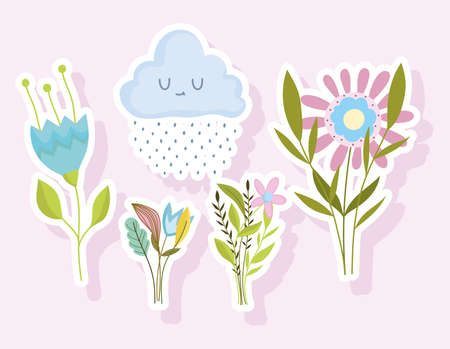spring stickers icon flowers bouquet nature cloud rain vector illustrationのイラスト素材