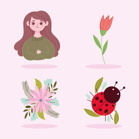 spring set woman flowers ladybug floral nature icons set vector illustrationのイラスト素材