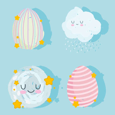 set happy easter painted eggs cloud moon cartoon cute vector illustrationのイラスト素材
